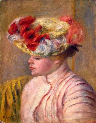 Ung kvinne i en blomstret hatt, 1892. av Pierre Auguste Renoir