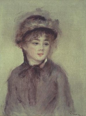 Ung kvinne i hatt (olje på lerret) av Pierre Auguste Renoir