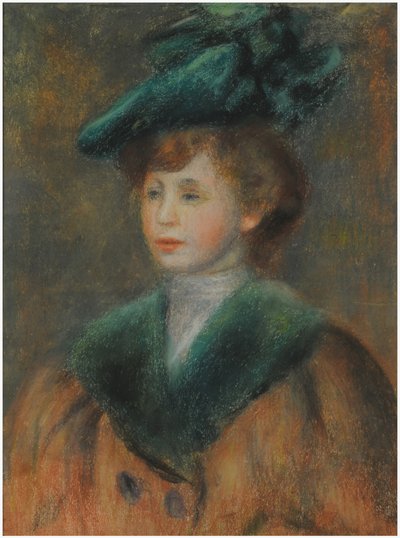 Ung kvinne med en grønn hatt (pastell på papir) av Pierre Auguste Renoir