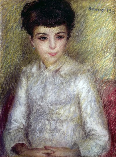 Ung brunette jente sitter med hendene i kryss av Pierre Auguste Renoir