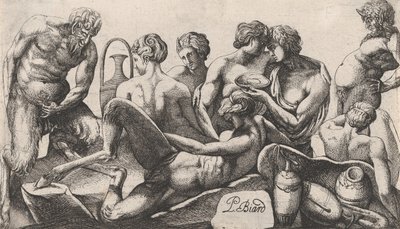 Åtte satyrer og satyrinner som fullfører et måltid, 1607-61. av Pierre Biard