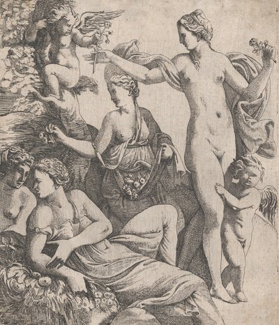 Venus, stående med de tre nådene, blir tilbudt en blomst fra en putto, 1607-61. av Pierre Biard