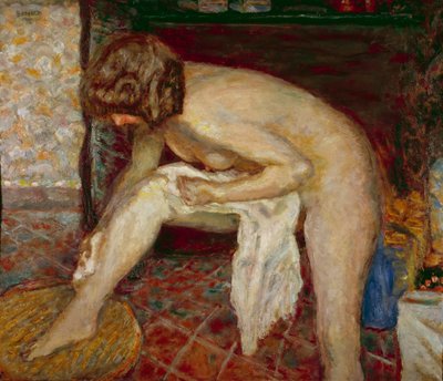 Naken har toalettet sitt foran peisen Maleri av Pierre Bonnard (1867-1947) 1907 Privat samling av Pierre Bonnard