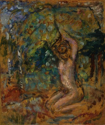 Liten naken, armer hevet, i et landskap, ca. 1907 (limmaleri om bord lagt ned på vugget panel) av Pierre Bonnard