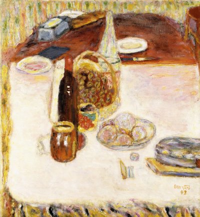 Stilleben med en flaske rødvin av Pierre Bonnard
