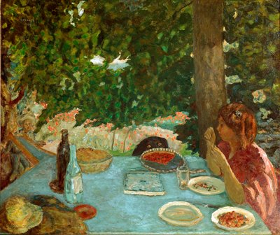 Kirsebærpaien Ung kvinne som sitter har et bord i en hage. Maleri av Pierre Bonnard (1867-1947) 1908 Dim. 115x126 cm Zürich, Samling Peter Nathan av Pierre Bonnard