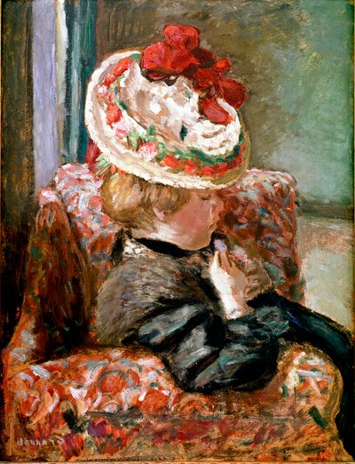 Stråhatten Kvinne sitter på en blomstersofa. Maleri av Pierre Bonnard av Pierre Bonnard