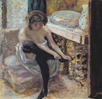 Kvinne med svarte strømper eller kvinne ved toalettet hennes, ca. 1900 (olje på kort) av Pierre Bonnard