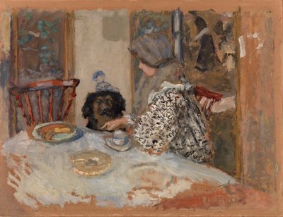 Kvinne med hund, eller kvinne og hund ved bordet av Pierre Bonnard