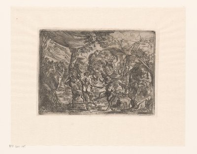 Dansende nymfer og satyrer i et landskap av Pierre Brebiette