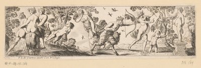 Satyr skyter en pil mot en statue av Bacchus mens Mercury ser på av Pierre Brebiette