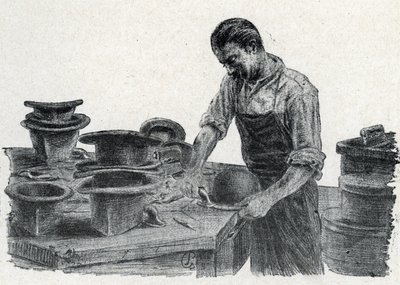 Hattemaker: fastklemming av kantene på en bowlerhatt (lage en bowlerhatt) Gravering hentet fra "Excursion a travers les metiers" av Pierre Calmette Private Collection av Pierre Calmettes