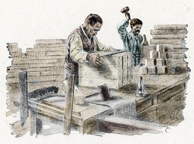 Savonnerie: le découpage des breads de soap (fremstilling av såpestykker) Gravering fra "Excursion through the trades" av Pierre Calmette Privat samling av Pierre Calmettes