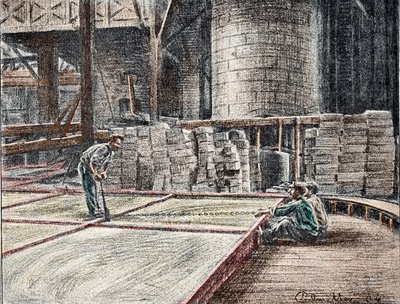 Savonnerie: skjæring av såpen i innsatsen (produksjon av såper) Gravering fra "Excursion through the trades" av Pierre Calmette Private Collection av Pierre Calmettes