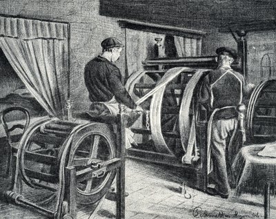 Silkearbeid: utrullingen av silkegraveringen fra "Excursion a travers les metiers" av Pierre Calmette Private Collection av Pierre Calmettes