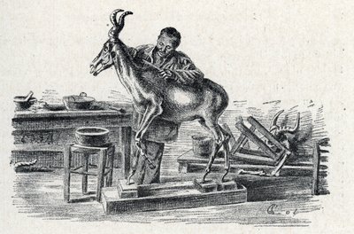 Taksidermi: En taksidermist utstoppet hartebeest i verkstedet hans Gravering fra Excursion a travers les metiers” av Pierre Calmette Collection privee av Pierre Calmettes