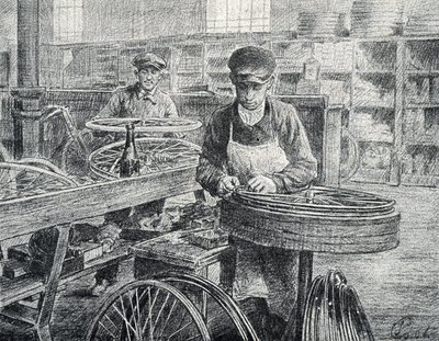 Arbeidere som fester eikene til felgene på en sykkel under produksjonen (produksjon av sykler) Gravering fra Pierre Calmette Private Collection av Pierre Calmettes