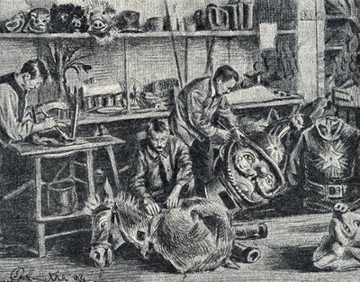 Verksted for teater og viser tilbehør produksjon Gravering fra Pierre Calmette Private Collection av Pierre Calmettes