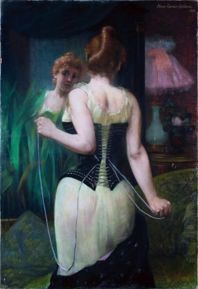 Ung kvinne justerer korsettet sitt - Ung kvinne justerer korsettet sitt - Maleri av Pierre Carrier Belleuse (Carrier-Belleuse) (1851-1933) av Pierre Carrier Belleuse