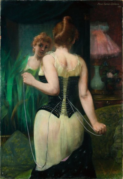 Ung kvinne justerer korsettet sitt, 1893 av Pierre Carriere Belleuse