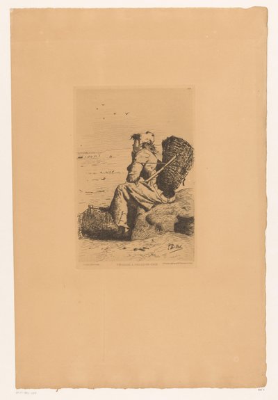Rustende vissersvrouw aan de kust Fiskerkvinne ved Veules-en-Caux (tittel på objekt) av Pierre Celestin Billet