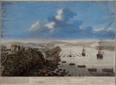 En utsikt over landingsstedet over byen Quebec som beskriver angrepet ... på Hauteurs DAbraham Septr. 13. 1759, ca. 1760 av Pierre Charles Canot