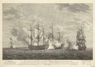 Angrep av et engelsk skip på tre franske skip utenfor St. Eustatius, 1758 av Pierre Charles Canot