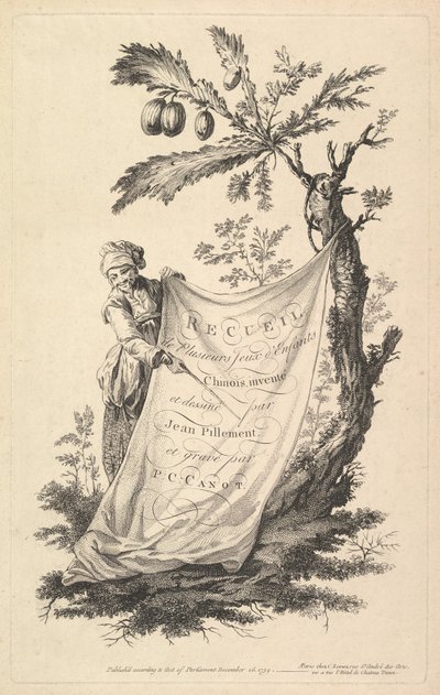 Tittelside: en smilende mann holder et hjørne av et tøy knyttet til et fikentre og peker med en s..., 1759. av Pierre Charles Canot