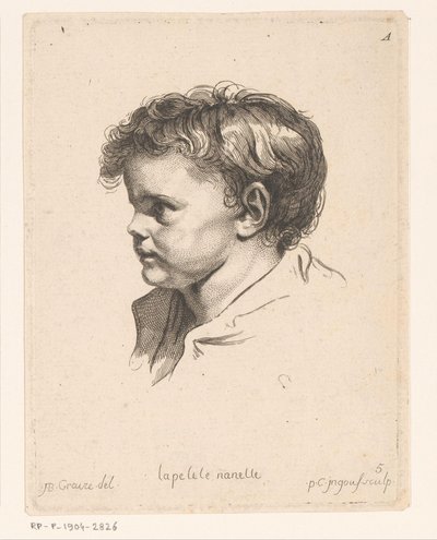 Hodet til et lite barn, vendt mot venstre La petite Nanette (tittel på objekt) Hoder til forskjellige figurer (serietittel) ir. Cahier de Têtes de différens Caracteres (serietittel) av Pierre Charles Ingouf
