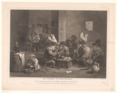 Røyker og drikker aper på et vertshus Les hommes og mignaturer. (tittel på objekt) av Pierre Chenu