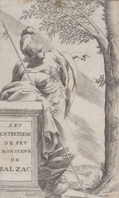 Frontispice, fra Intervjuer med avdøde Mr. Balzac Les Entretiens de Feu Monsieur d..., 1660. av Pierre Daret