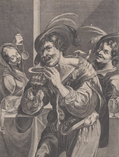 Mann som drikker suppe mens to personer ser på ham, 1624-75. av Pierre Daret