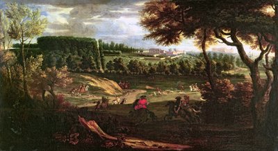 Louis XIV (1638-1715) Jakt ved Marly med utsikt over Chateau Vieux de Saint Germain av Pierre Denis Martin