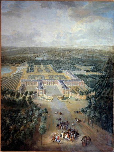 Perspektiv utsikt over slottet og hagene til Trianon: promenaden til kong Louis XV på hesteryggen. Maleri av Pierre Denis Martin (1663-1742). 18. århundre. Dim. 2,96 x 2,23 m. Versailles, musee du Chateau - Perspektiv utsikt over slottet og hagene til Tria av Pierre Denis Martin