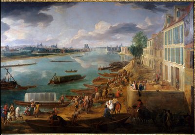 Utsikt over Paris, tatt fra Quai de la Rapee i 1716 Detalj av båter på Seinen og aktiviteter. Maleri av Pierre Denis Martin (1663-1742) 1716 søn. 1,7x3,15 m Paris, Musee Carnavalet. av Pierre Denis Martin