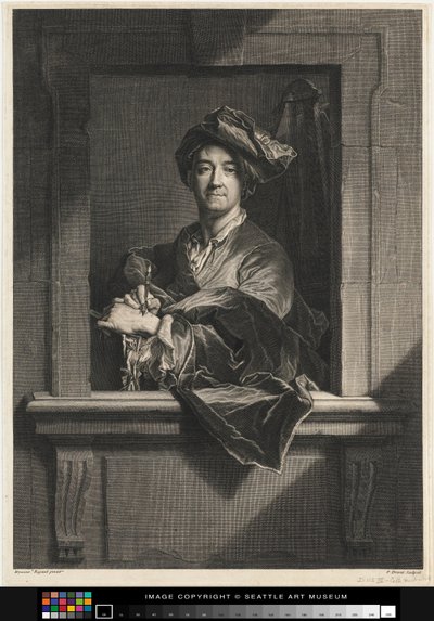 Gravering av Hyacinthe Rigauds portrett av seg selv, slutten av 1600-tallet-1700-tallet av Pierre Imbert Drevet