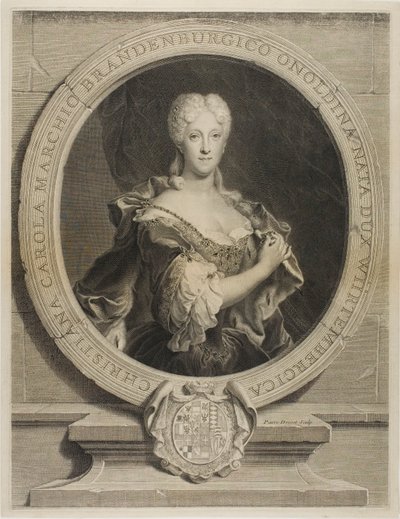 Portrett av Christine-Caroline, markgreven av Brandenbourg-Onoltzbach, kone til Guillaume-Frédéric av Wurtemburg, 1694-1723 av Pierre Drevet