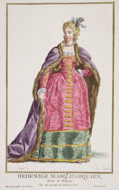 Hedwige, Marquise d'Arquien, dronning av Polen fra 'Receuil des Estampes, Representant des Rangs et des Dignites, ifølge Costume of All Existing Nations', utgitt 1780 (håndfarget eng. av Pierre Duflos