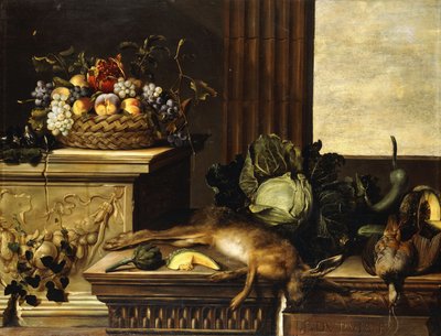 Frukt i en flettet kurv med fiken på en sokkel, dødt vilt, en kål, en melon, en kalebass og en artisjokk på en steinhylle, et vindu bortenfor, av Pierre Dupuis