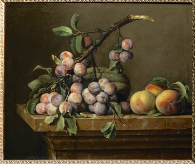 Plommer, squash og fersken på et marmorentablement... av Pierre Dupuis