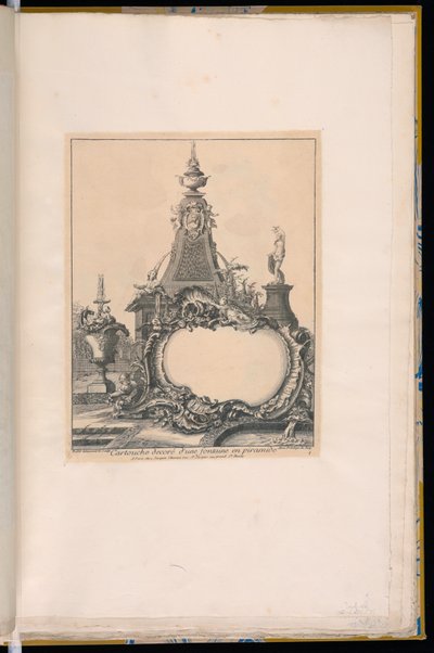 Kartusj med en fontene og en obelisk i bakgrunnen av Pierre Edme Babel