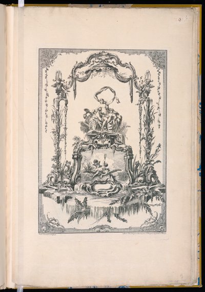 Ornamentpanel med dobbel kartusj som viser Venus eller Thetis med nymfene hennes og en fontene av Pierre Edme Babel