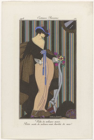Journal of Ladies and Fashions: the Fashion Illustrators Journal of Ladies and Fashions: Fashion News Journal des Dames et des Modes, Costumes Parisiens, 1913, nr. 111: Fløyelskjole (...) av Pierre Emile Legrain