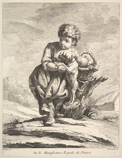 Barn med en hund, som holder en kurv med druer, fra Premier Livre de Figures daprès les po..., 1757. av Pierre Etienne Falconet