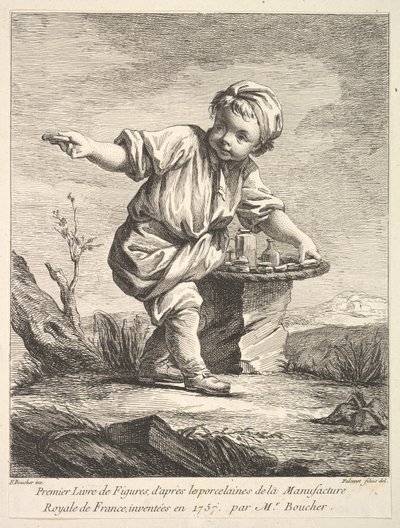 Frontispice med liten gutt som holder en kurv, fra Premier Livre de Figures daprès les po..., 1757. av Pierre Etienne Falconet