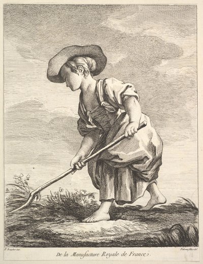 Liten jente som driver gårdsarbeid, fra First Book of Figures etter porselenene til M..., 1757. av Pierre Etienne Falconet