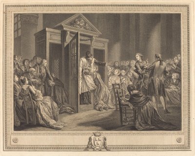 Le confessional av Pierre Etienne Moitte after Pierre Antoine Baudouin