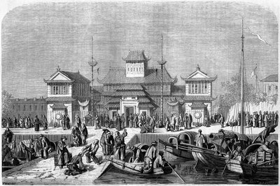 Tollvisning i havnen i Shanghai i 1860, Kina. Gravering av Grandsire, i "" Le Tour du Monde, Nouveau journal des Voyages"", redigert av Edouard Charton, Paris av Pierre Eugene Grandsire