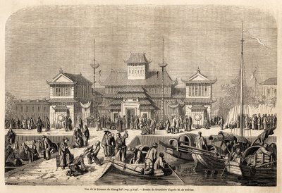 Shanghai Customs Building, tegning av Grandsire, for å illustrere reisen til Kina og Japan, i 1857-1858, til Marquis de Moges. Gravering i "" Le tour du monde, nouveau journal des voyages"" Paris av Pierre Eugene Grandsire