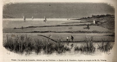 Saltvannet til Lusandra, i nærheten av Trieste, ødelagt av venetianerne som så det som en farlig rivalisering til monopolet de utøvde i Adriaterhavet, gravering av E.Grandsire som illustrerer reisen til Istria og Dalmatia i 1874 av Charles Yria av Pierre Eugene Grandsire